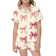 Satin Pajamas for Girls Size 10-12 Shorts with Cartoon Bowknot Prints Short Sleeve Outfit 2 Piece Pjs Set Sleepwear Loungewear Kids Clothing Pink 8-9 Years